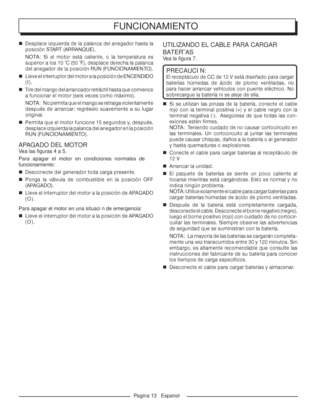 Homelite HGCA1400 manuel dutilisation Apagado del motor, Utilizando el Cable Para Cargar Baterías, Pagina 13 Espanol 