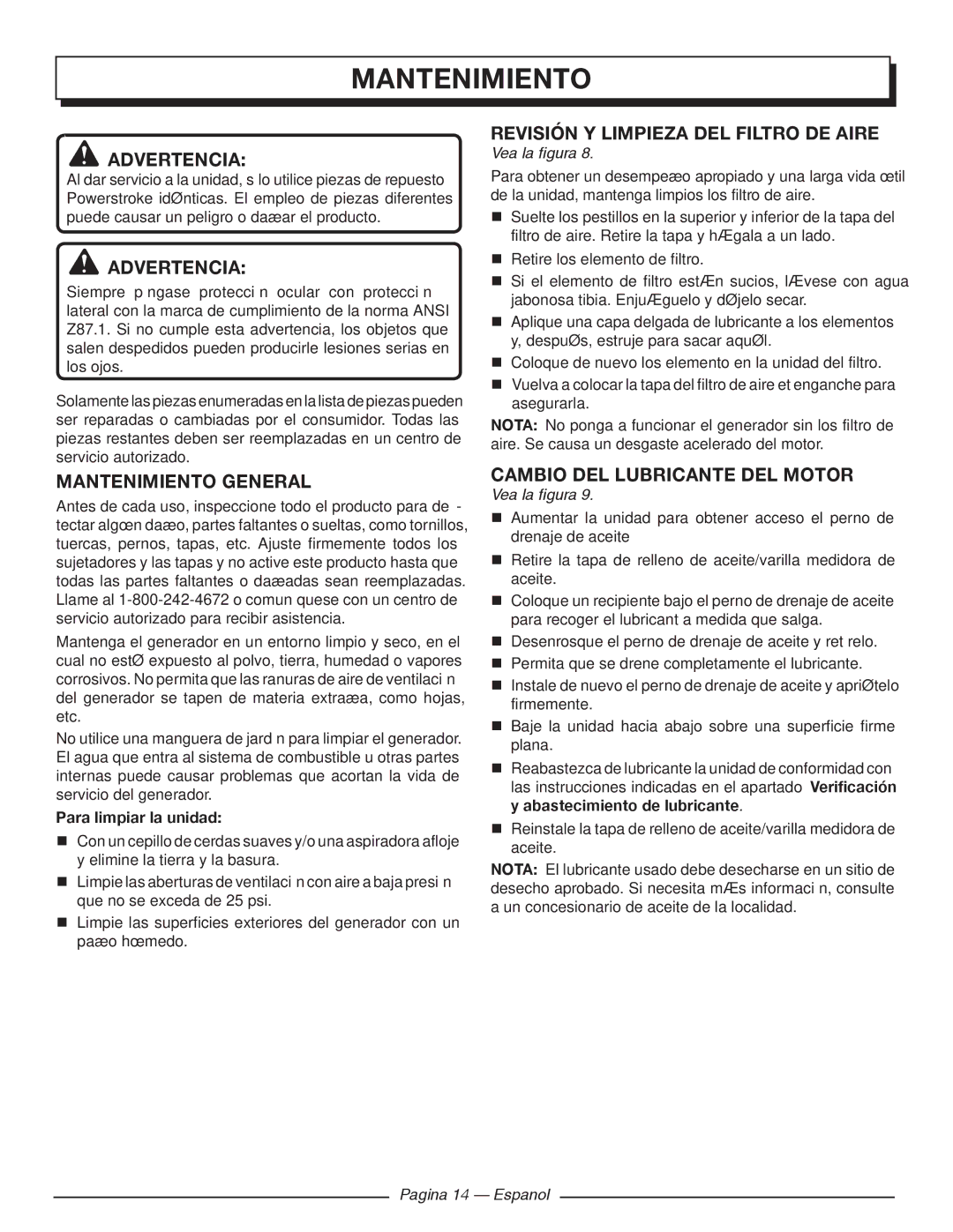 Homelite HGCA1400 Mantenimiento General, Revisión y limpieza del filtro de aire, Cambio del lubricante del motor 