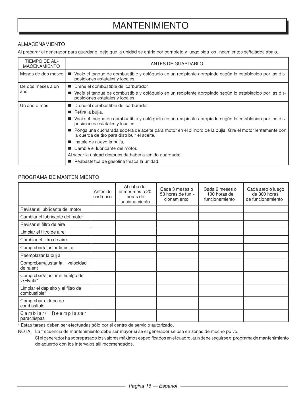 Homelite HGCA1400 manuel dutilisation Almacenamiento, Programa DE Mantenimiento, Pagina 16 Espanol 