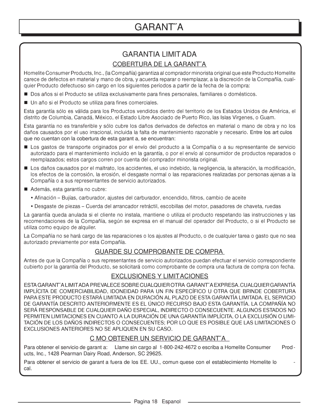 Homelite HGCA1400 Cobertura DE LA Garantía, Guarde SU Comprobante DE Compra, Exclusiones Y Limitaciones 