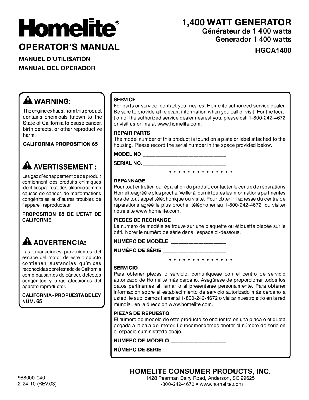 Homelite HGCA1400 manuel dutilisation OPERATOR’S Manual, Manuel D’UTILISATION Manual DEL Operador 