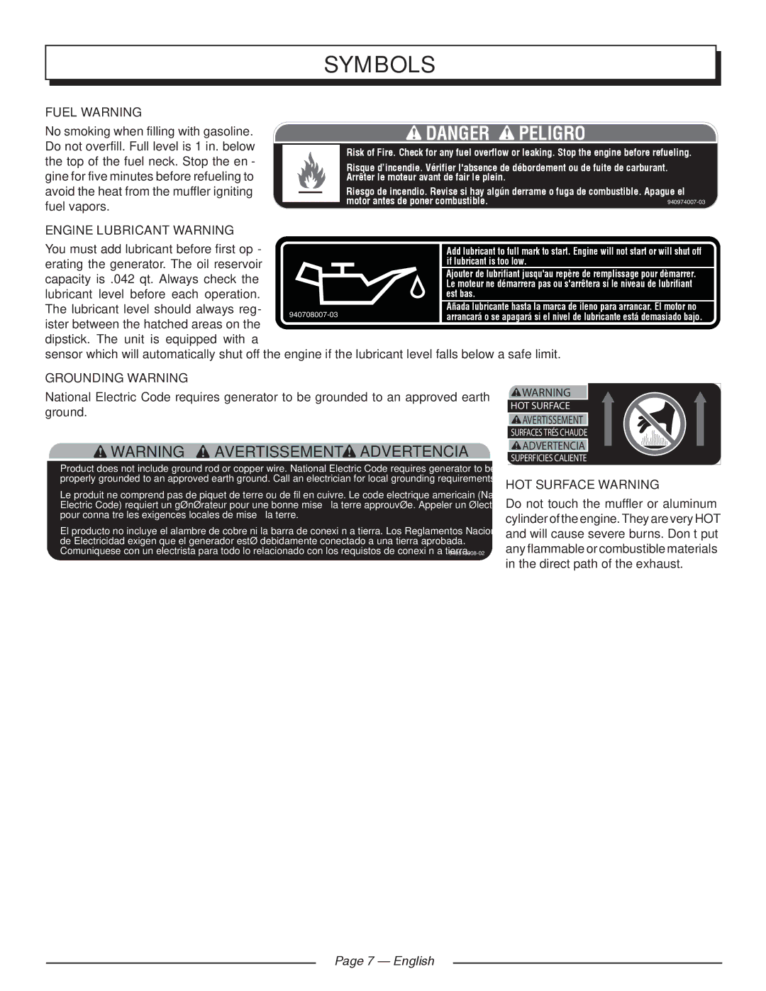 Homelite HGCA1400 Fuel warning, Engine Lubricant warning, Grounding warning­, Hot Surface warning, English 