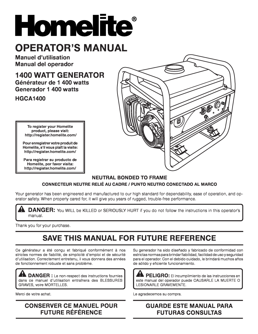 Homelite HGCA1400 manuel dutilisation Watt Generator, Save This Manual For Future Reference, Operator’S Manual 