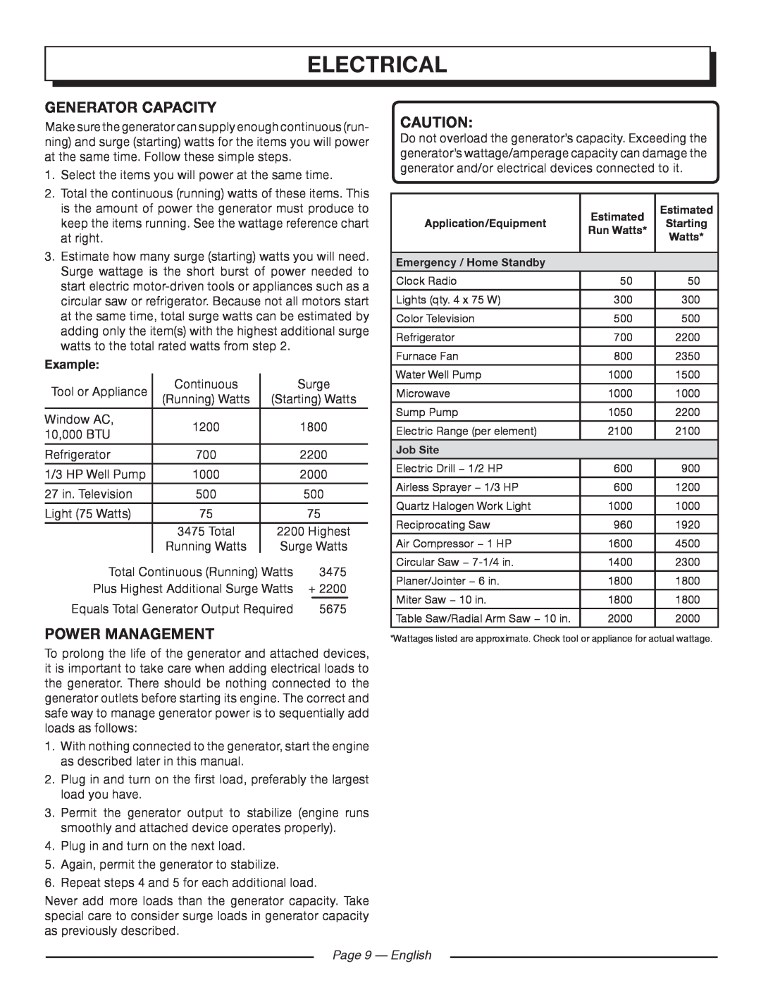 Homelite HGCA1400 manuel dutilisation electrical, generator Capacity, Power Management, Example, Page 9 - English 