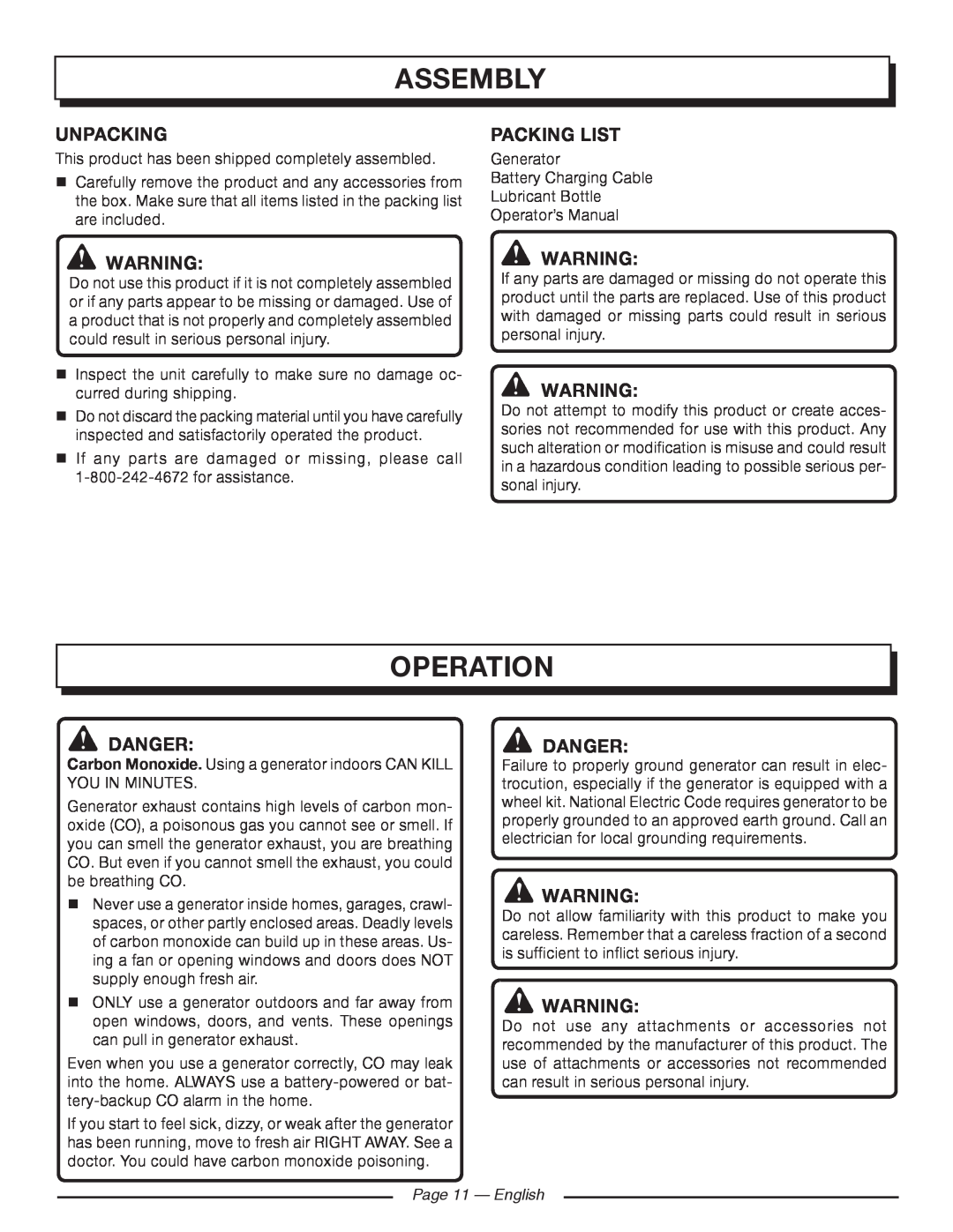 Homelite HGCA1400 manuel dutilisation Assembly, operation, Unpacking, packing list, Danger, danger, Page 11 - English 