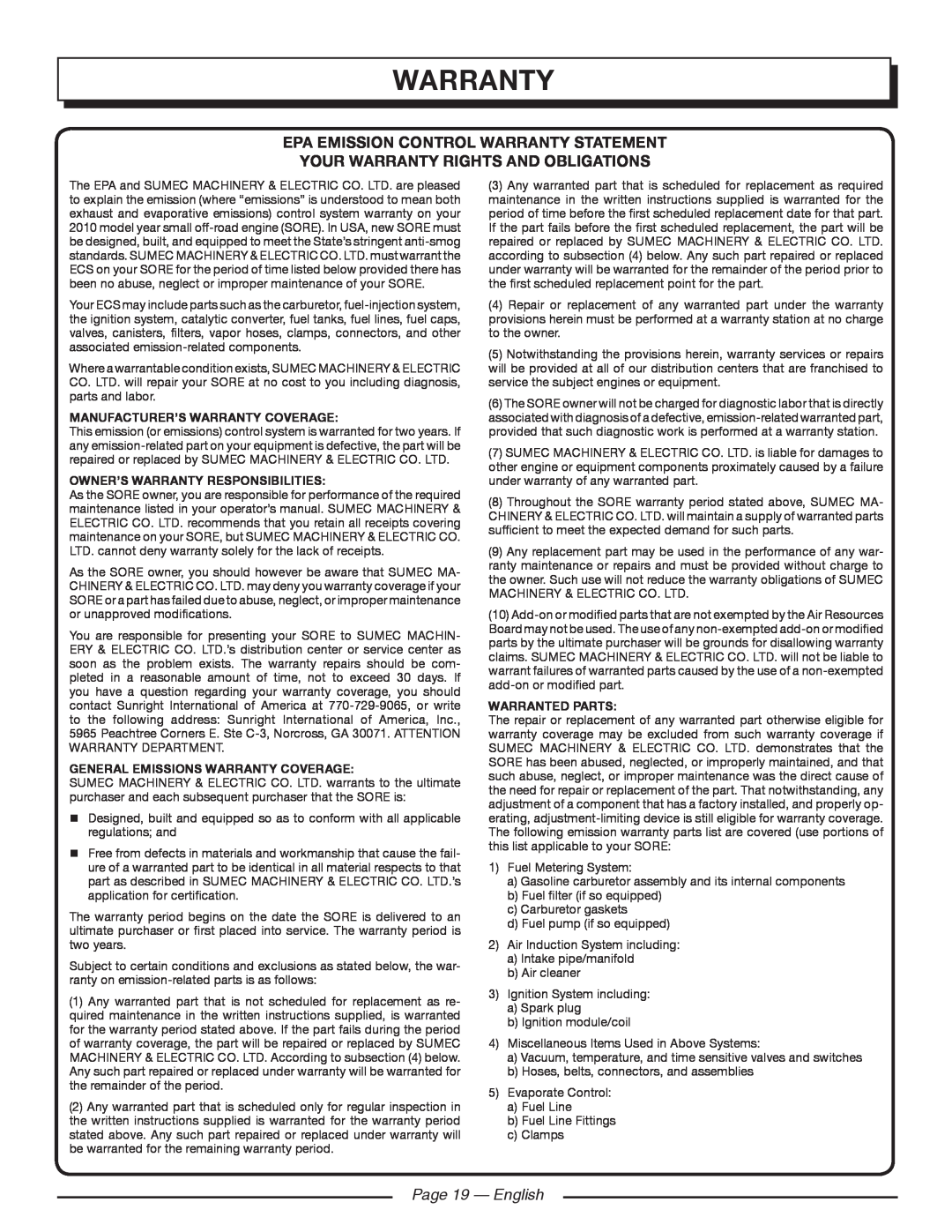Homelite HGCA1400 Page 19 - English, Manufacturer’S Warranty Coverage, Owner’S Warranty Responsibilities 