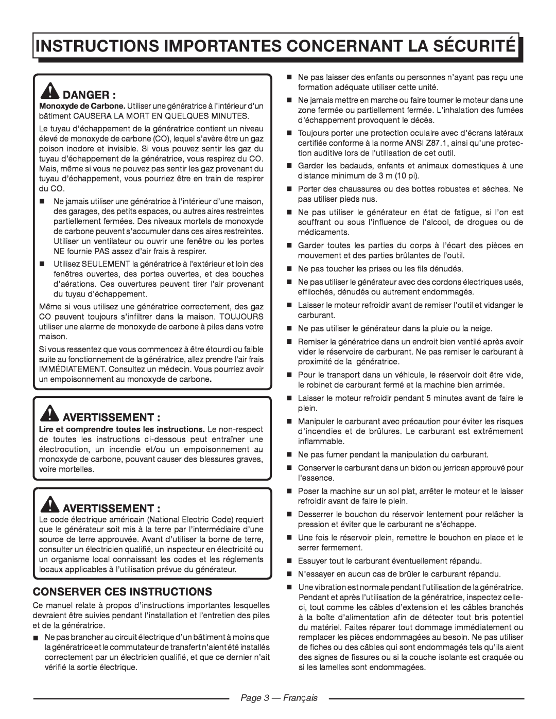 Homelite HGCA1400 Instructions importantes concernant la sécurité, Danger, Avertissement, Conserver Ces Instructions 