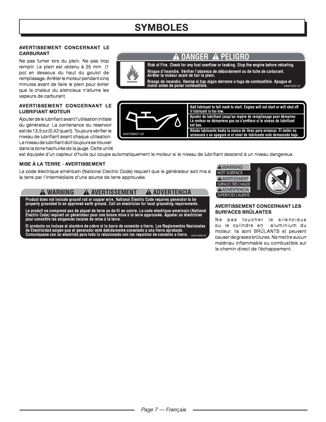 Homelite HGCA1400 manuel dutilisation Symboles, Danger Peligro, Warning Avertissement Advertencia, Page 7 - Français 