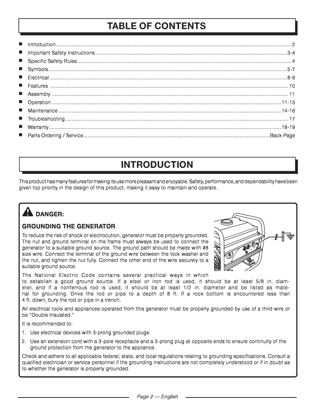 Homelite HGCA1400 manuel dutilisation Introduction, Table Of Contents, danger Grounding the Generator, Page 2 - English 