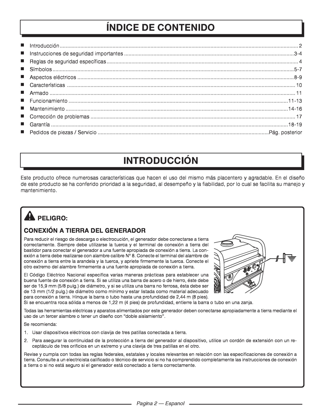 Homelite HGCA1400 Índice De Contenido, Introducción, peligro Conexión a tierra del generador, 11-13, 14-16, 18-19 