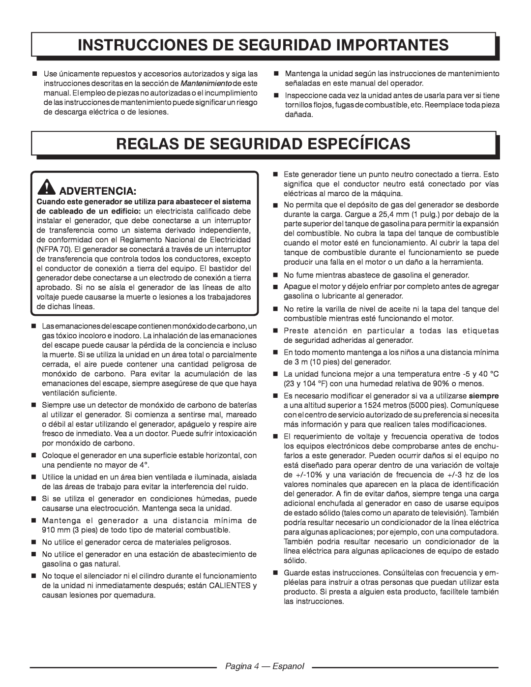 Homelite HGCA1400 Reglas de seguridad específicas, Instrucciones de seguridad importantes, Advertencia, Pagina 4 - Espanol 