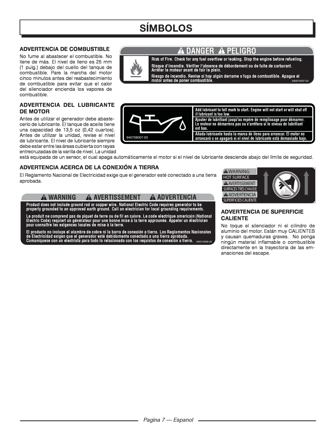 Homelite HGCA1400 Símbolos, Danger Peligro, Warning Avertissement Advertencia, Advertencia de combustible 