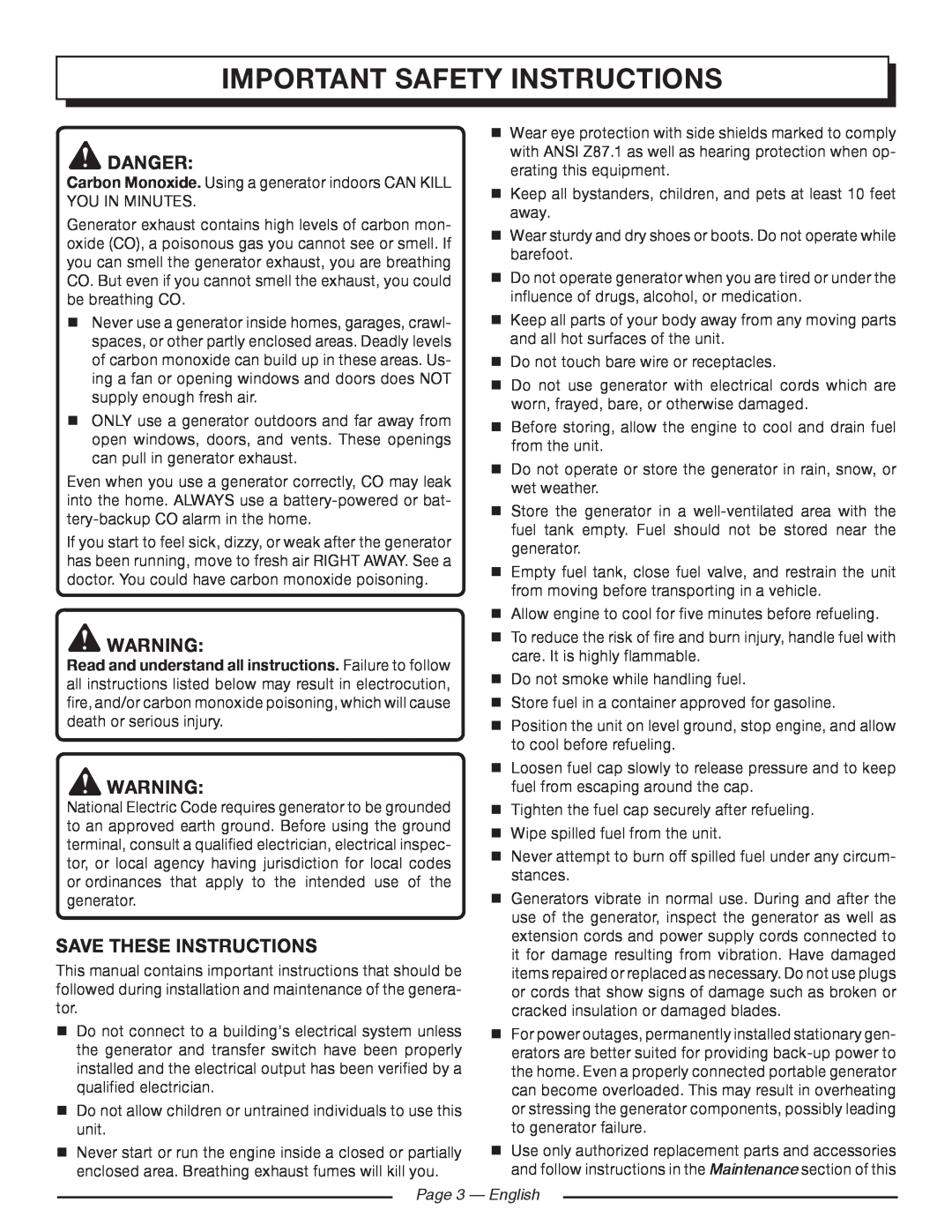 Homelite HGCA1400 manuel dutilisation important safety instructions, Danger, Save These Instructions, Page 3 - English 