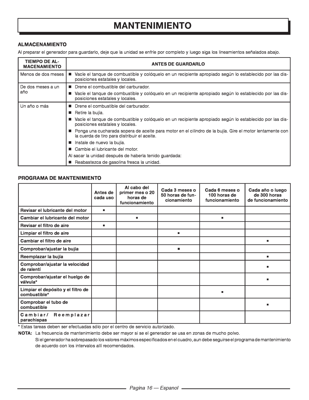 Homelite HGCA1400 manuel dutilisation almacenamiento, Programa De Mantenimiento, Pagina 16 - Espanol 
