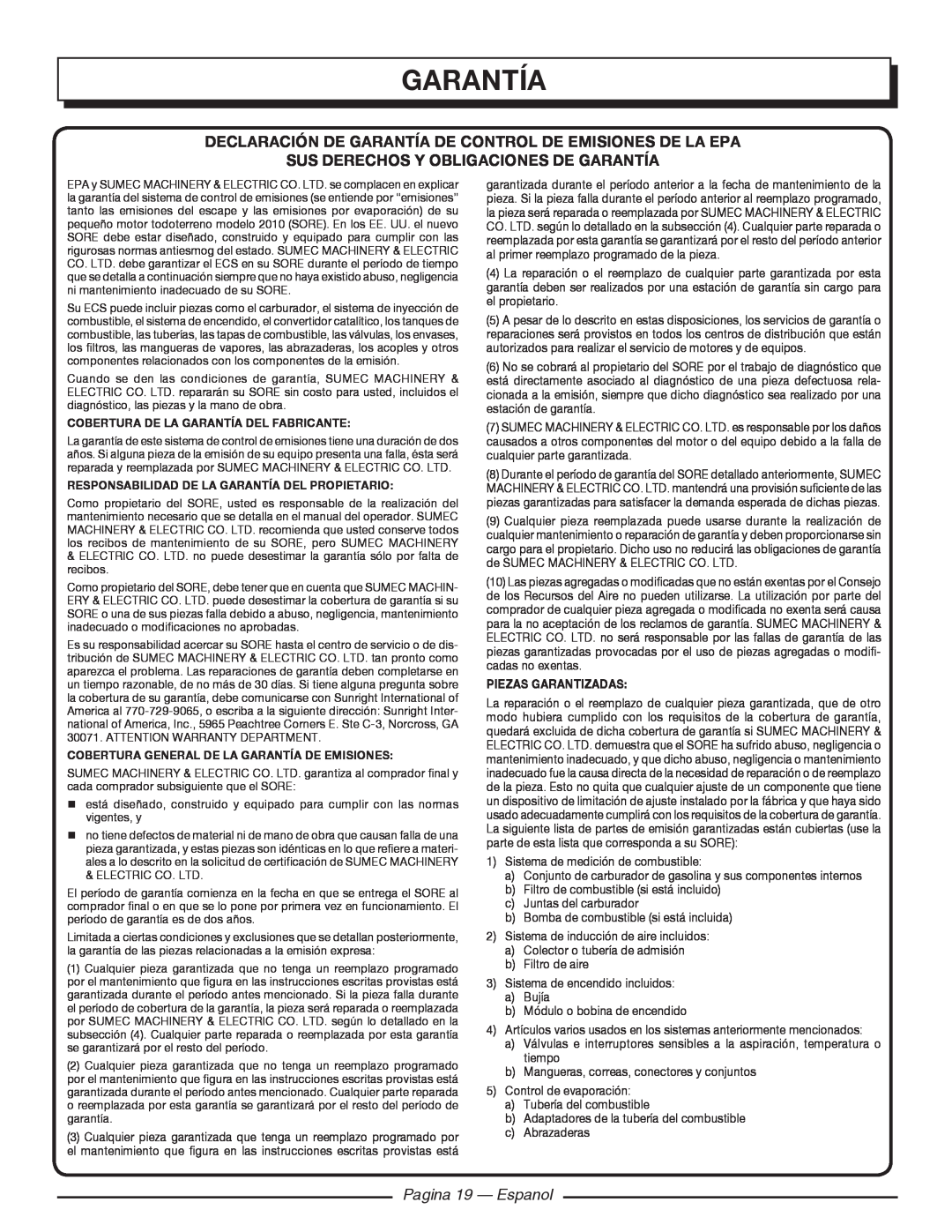 Homelite HGCA1400 Declaración De Garantía De Control De Emisiones De La Epa, Sus Derechos Y Obligaciones De Garantía 