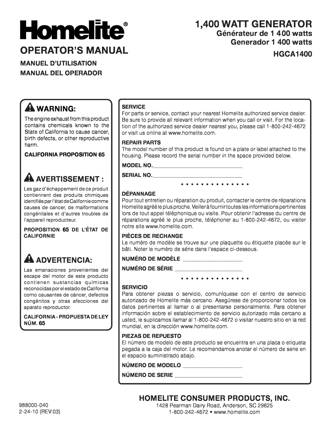 Homelite HGCA1400 Operator’S Manual, 1,400 WATT GENERATOR, Manuel D’Utilisation, Manual Del Operador, Service 