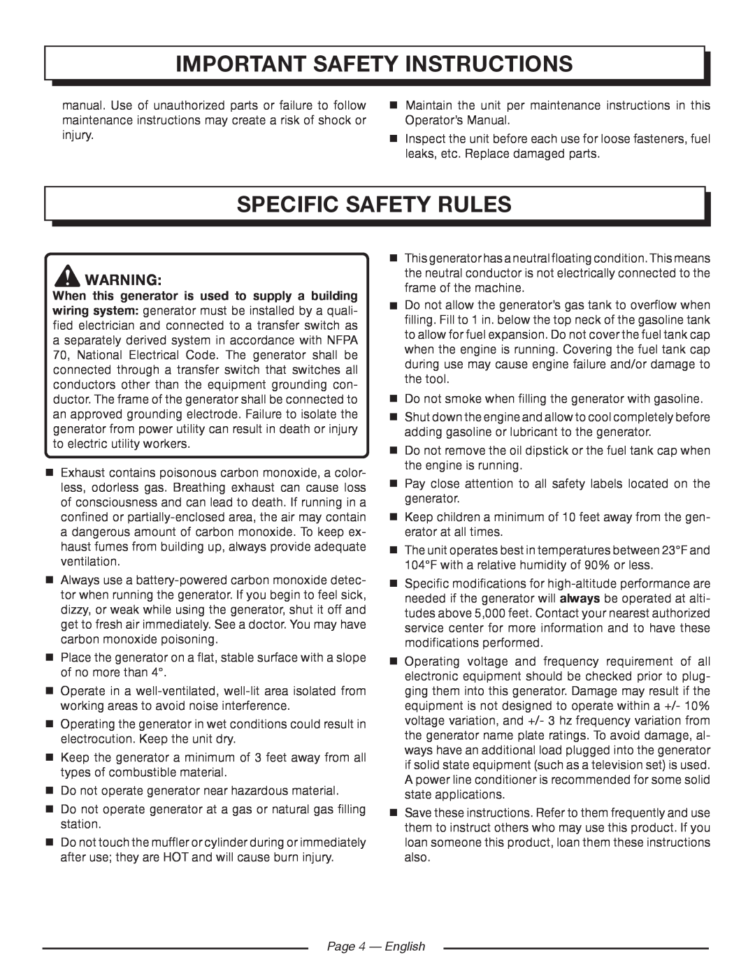 Homelite HGCA1400 manuel dutilisation Specific Safety Rules, important safety instructions, Page 4 - English 