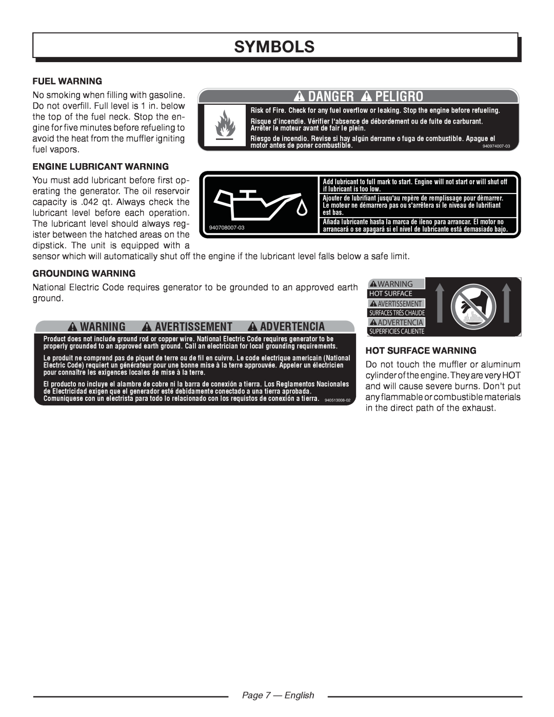 Homelite HGCA1400 Danger Peligro, Symbols, Warning Avertissement Advertencia, Fuel warning, engine LUBRICANT warning 