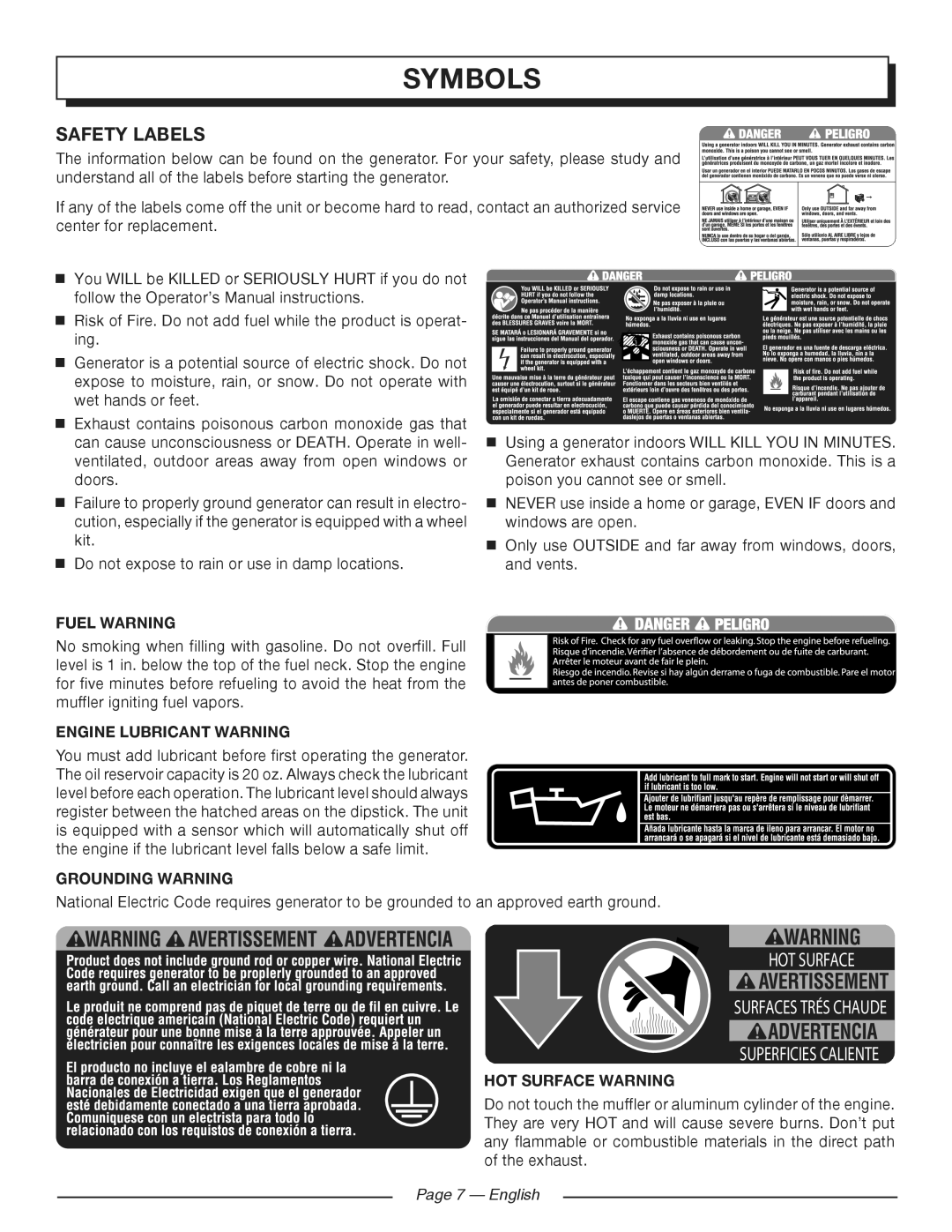 Homelite HGCA3000 manuel dutilisation Symbols, Safety Labels, English 