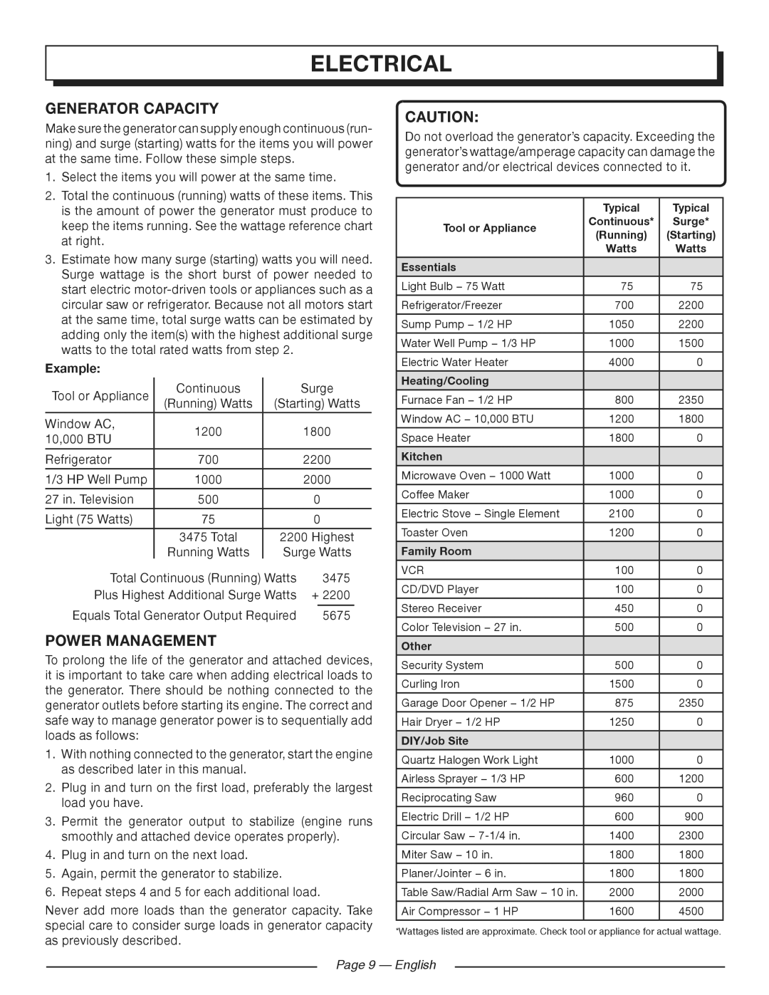 Homelite HGCA3000 manuel dutilisation Generator Capacity, Power Management, Example, English 