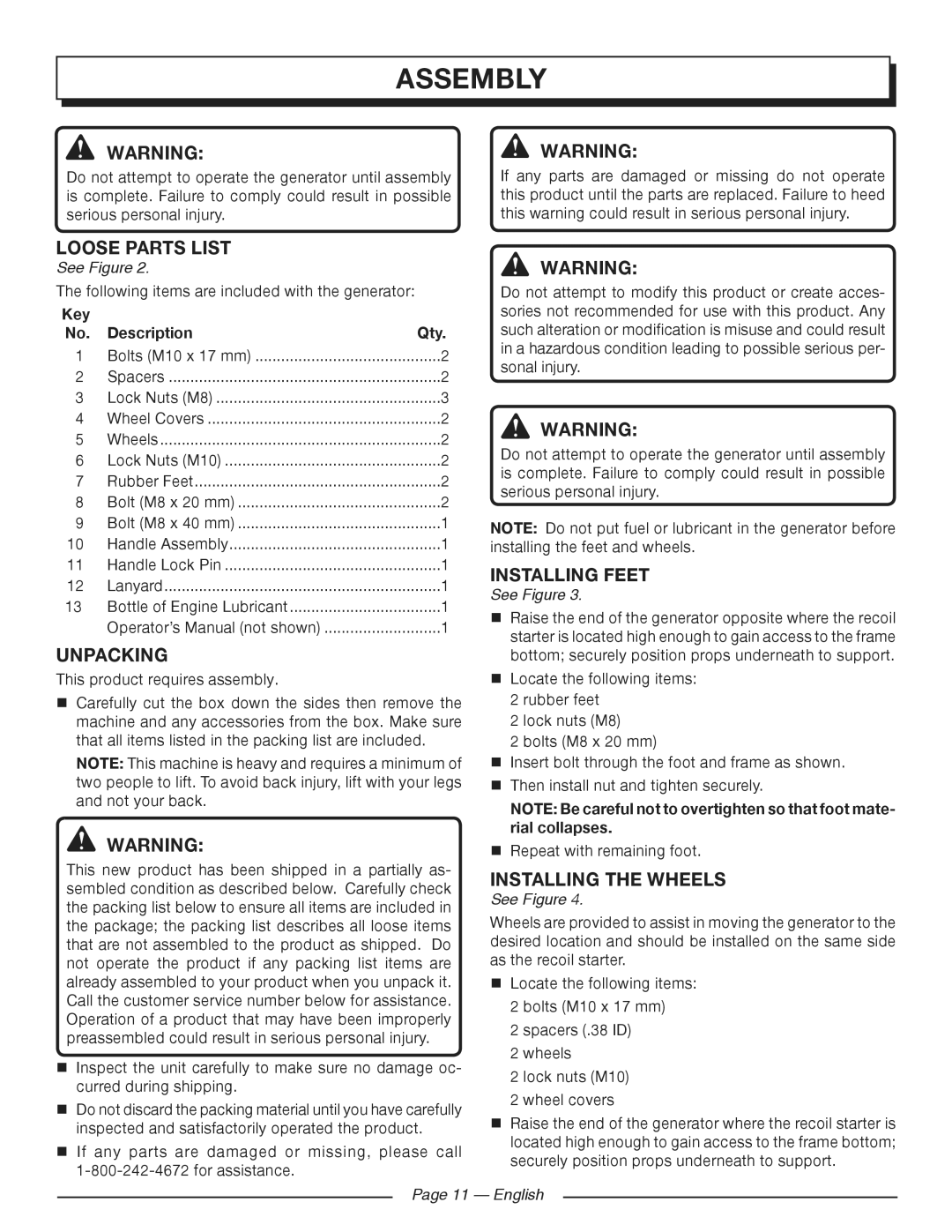 Homelite HGCA3000 manuel dutilisation Assembly, Loose Parts List, Unpacking, Installing feet, Installing the wheels 