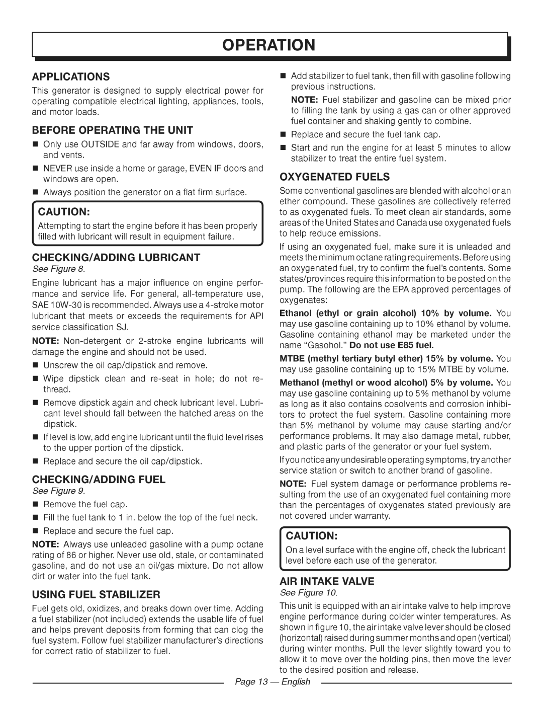 Homelite HGCA3000 manuel dutilisation Applications, Oxygenated Fuels 