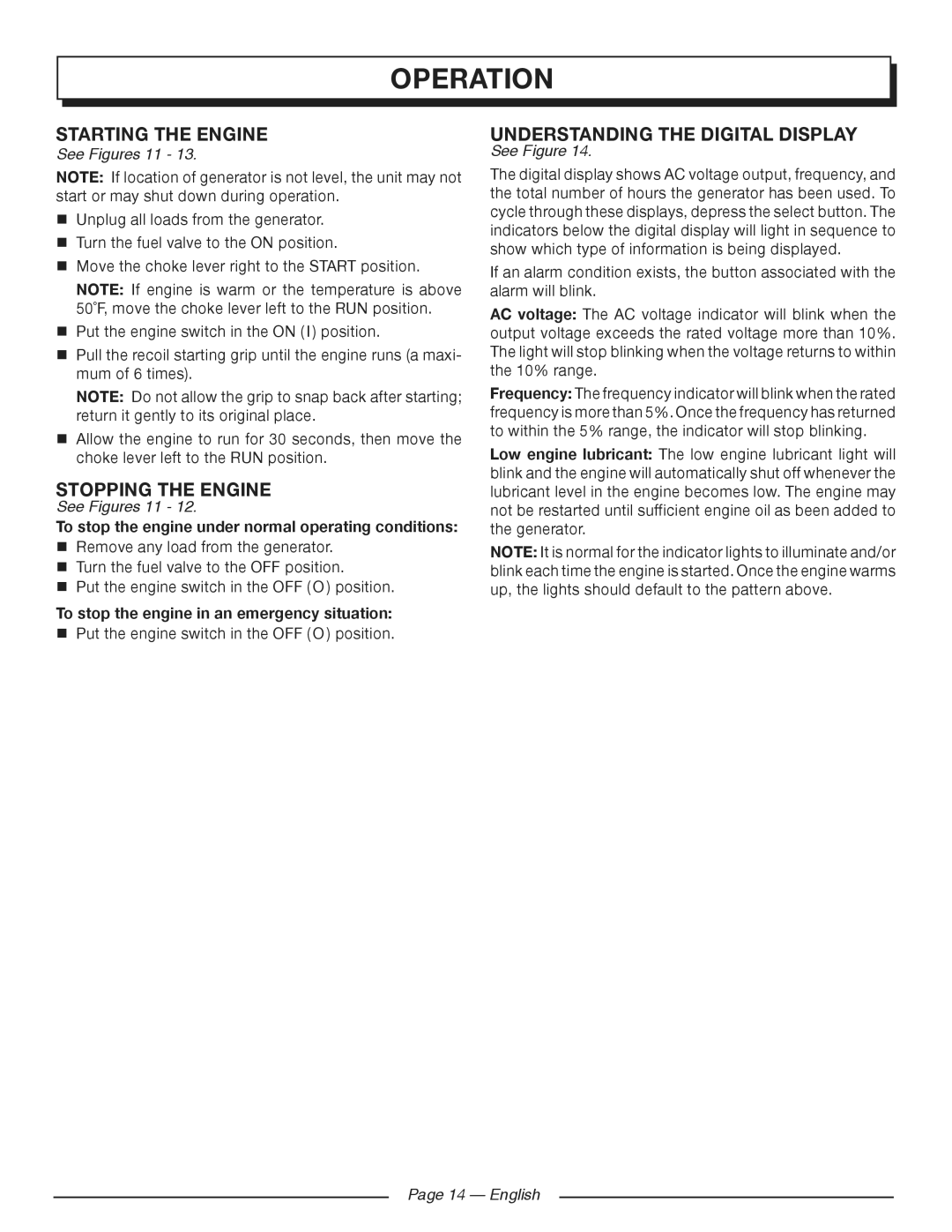 Homelite HGCA3000 Starting the engine, Stopping the engine, Understanding the digital display, See Figures 11, English 