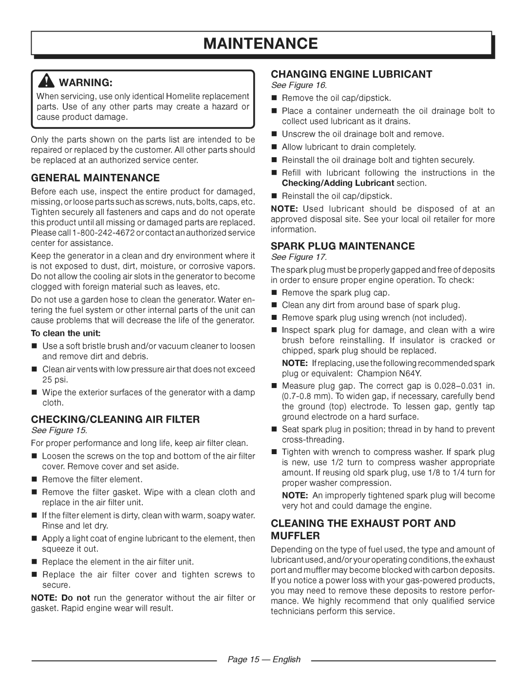 Homelite HGCA3000 manuel dutilisation General Maintenance, Cleaning the Exhaust Port and Muffler 