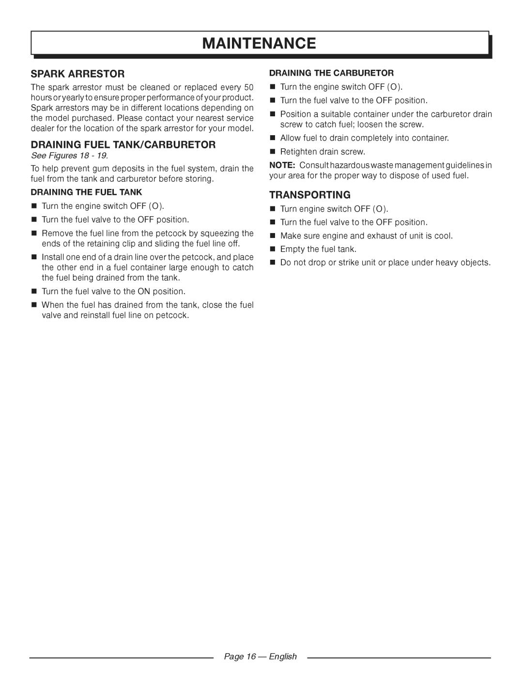 Homelite HGCA3000 manuel dutilisation Spark arrestor, Draining fuel tank/carburetor, Transporting, See Figures 18, English 