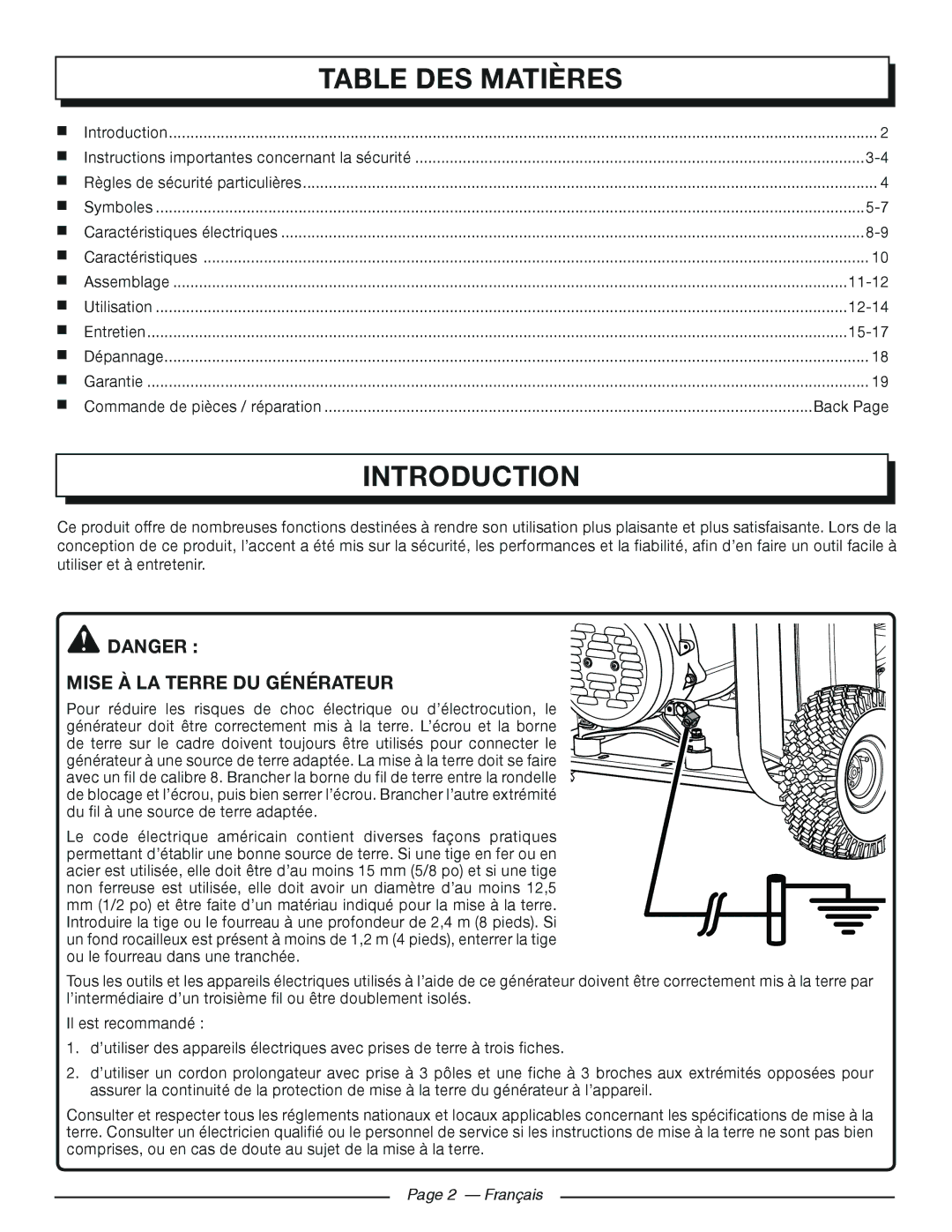 Homelite HGCA3000 manuel dutilisation Table DES Matières, Introduction, Mise À LA Terre DU Générateur, Français 