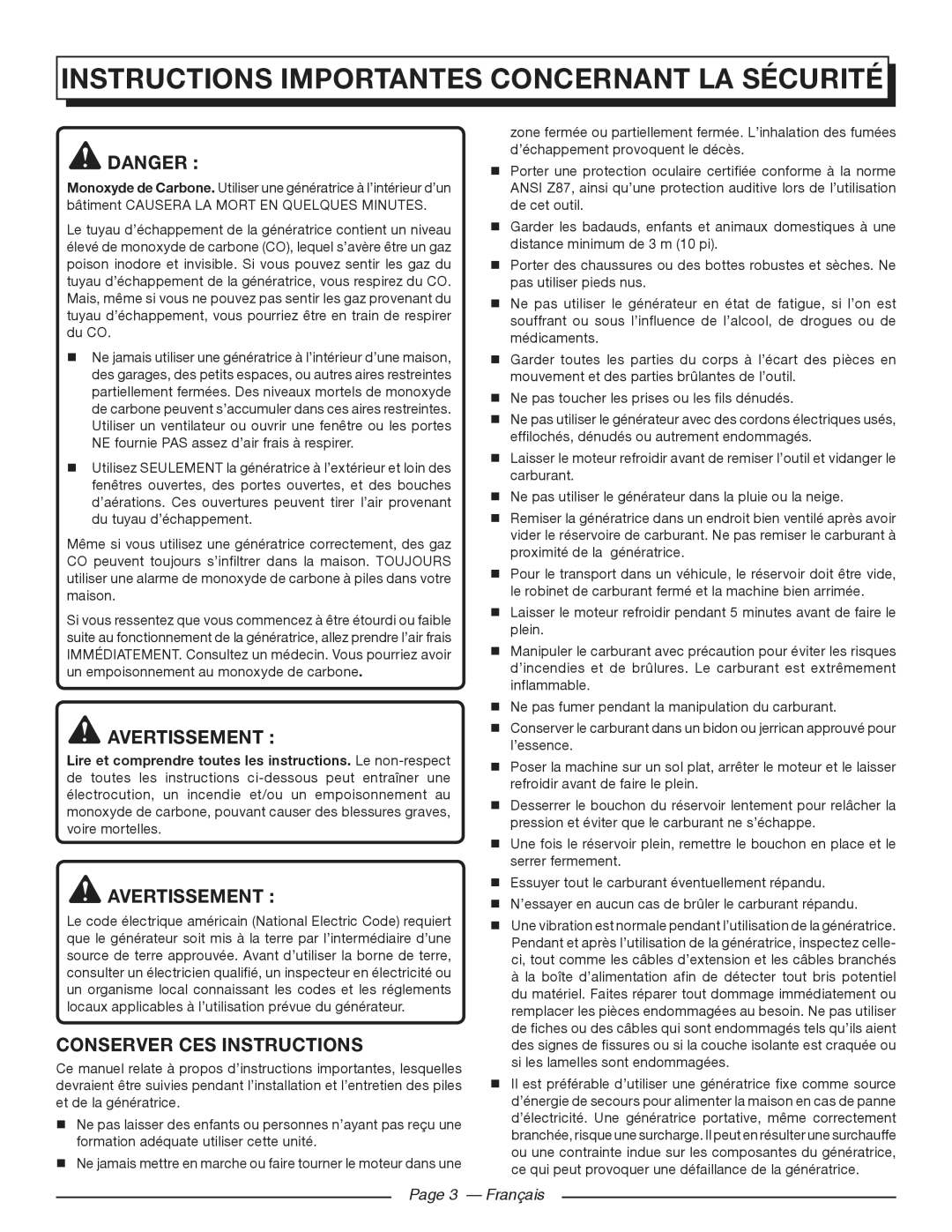 Homelite HGCA3000 Instructions Importantes Concernant LA Sécurité, Avertissement, Conserver CES Instructions, Français 