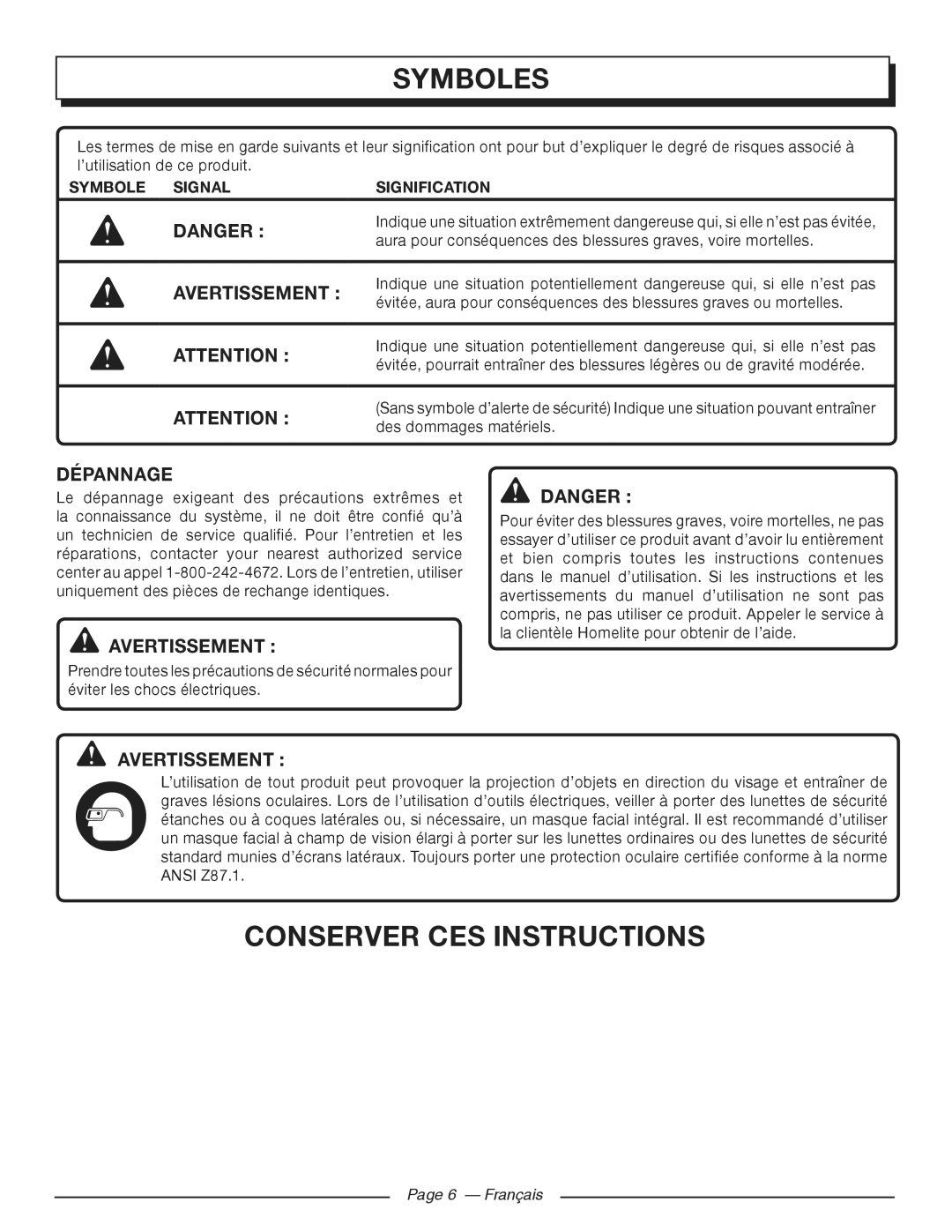 Homelite HGCA3000 manuel dutilisation Conserver CES Instructions, Dépannage, Symbole Signal Signification, Français 