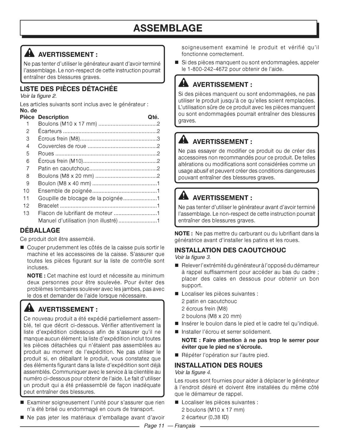 Homelite HGCA3000 Assemblage, Liste des pièces détachée, Déballage, Installation des caoutchouc, Installation DES Roues 