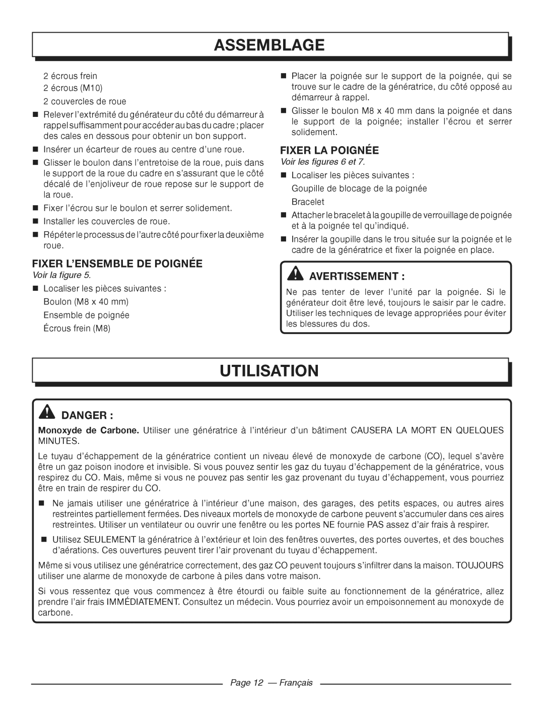 Homelite HGCA3000 Utilisation, Fixer L’ENSEMBLE DE Poignée, Fixer LA Poignée, Voir les figures 6 et, Français 