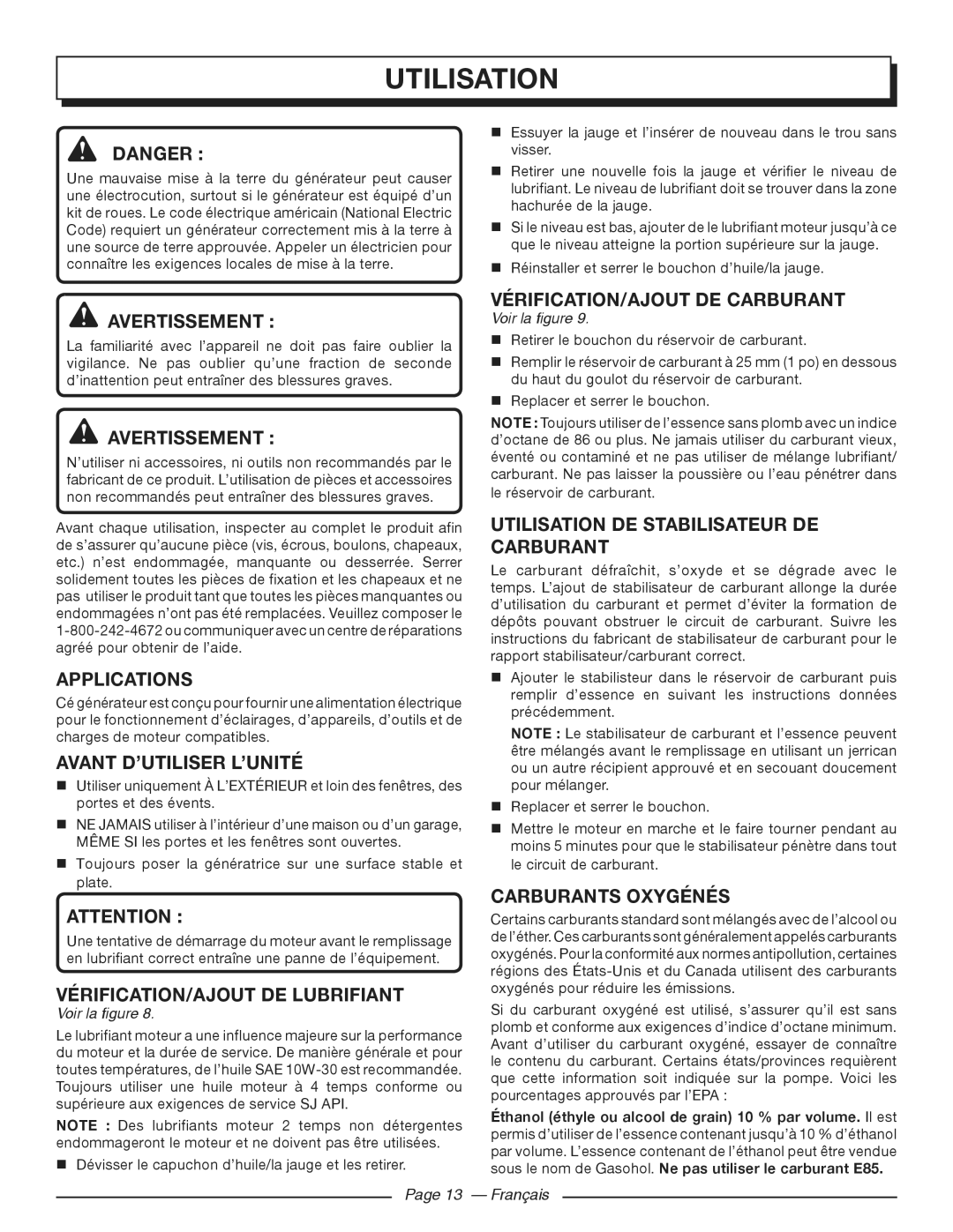 Homelite HGCA3000 Avant D’UTILISER L’UNITÉ, VÉRIFICATION/AJOUT de lubrifiant, VÉRIFICATION/AJOUT DE Carburant 