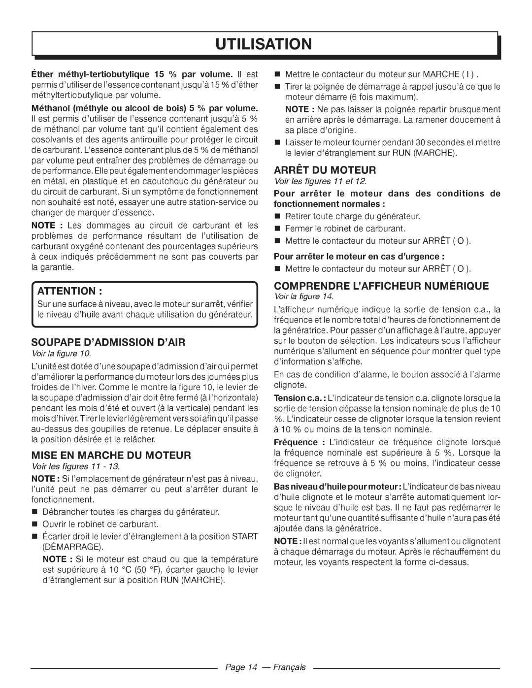 Homelite HGCA3000 manuel dutilisation Mise EN Marche DU Moteur, Arrêt DU Moteur, Comprendre L’AFFICHEUR Numérique 