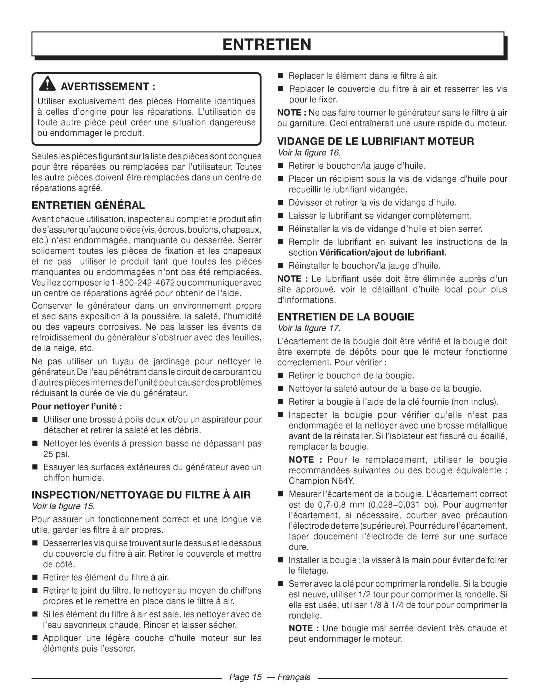 Homelite HGCA3000 Entretien Général, INSPECTION/NETTOYAGE DU Filtre À AIR, Vidange DE Le lubrifiant Moteur 