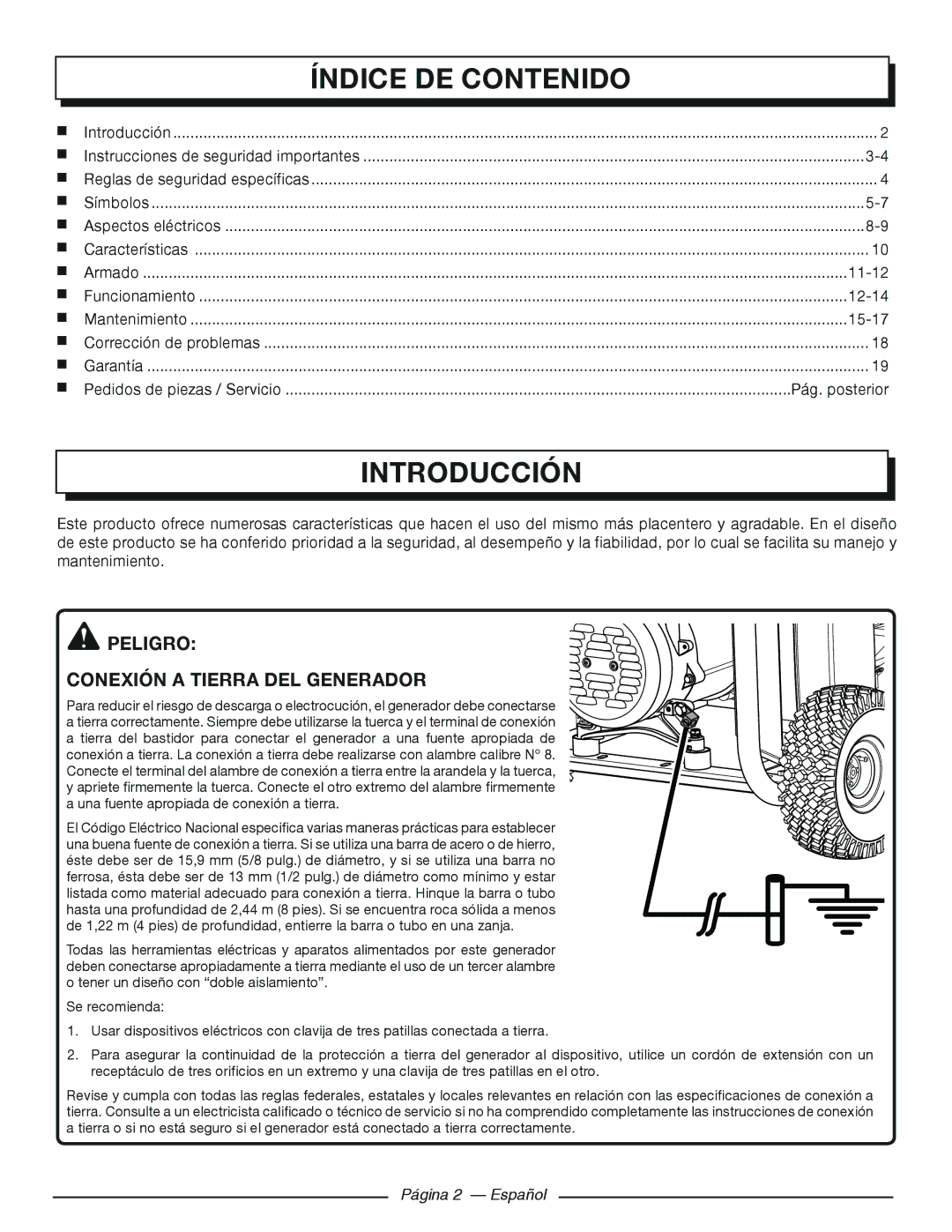 Homelite HGCA3000 Índice DE Contenido, Introducción, Peligro Conexión a tierra del generador, Página 2 Español 