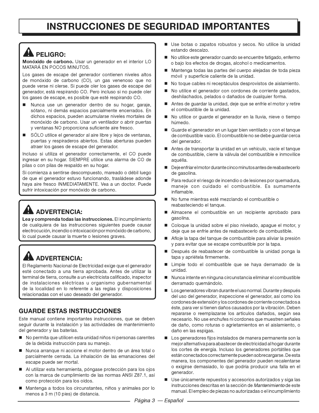 Homelite HGCA3000 Instrucciones de seguridad importantes, Peligro, Advertencia, Guarde Estas Instrucciones 