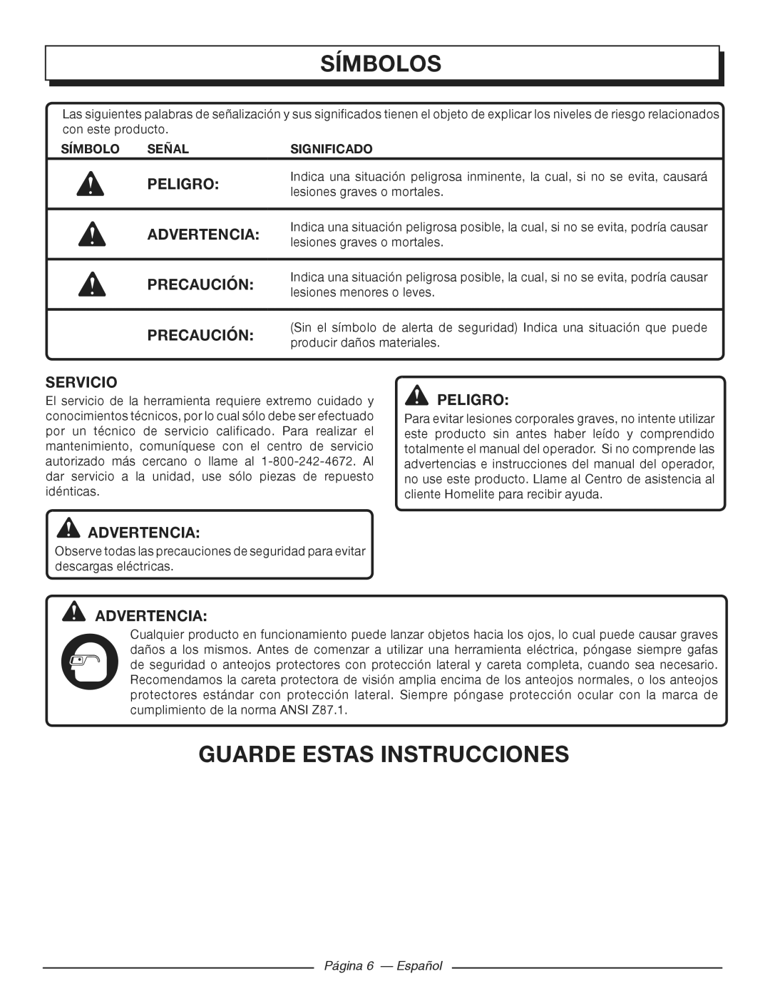 Homelite HGCA3000 manuel dutilisation Guarde Estas Instrucciones, Peligro, Precaución, Servicio, Página 6 Español 