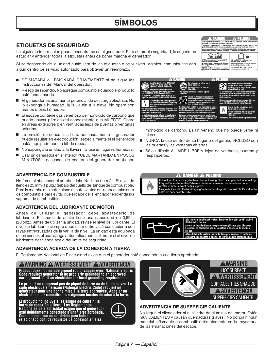 Homelite HGCA3000 manuel dutilisation Símbolos, Etiquetas DE Seguridad, Página 7 Español 