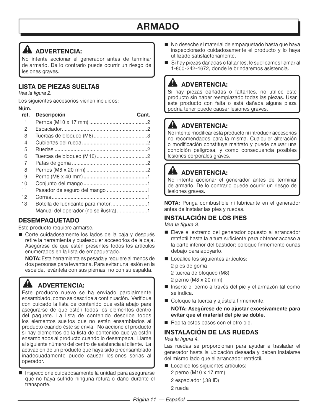 Homelite HGCA3000 Armado, Lista de piezas sueltas, Desempaquetado, Instalación de lOS Pies, Instalación de las ruedas 