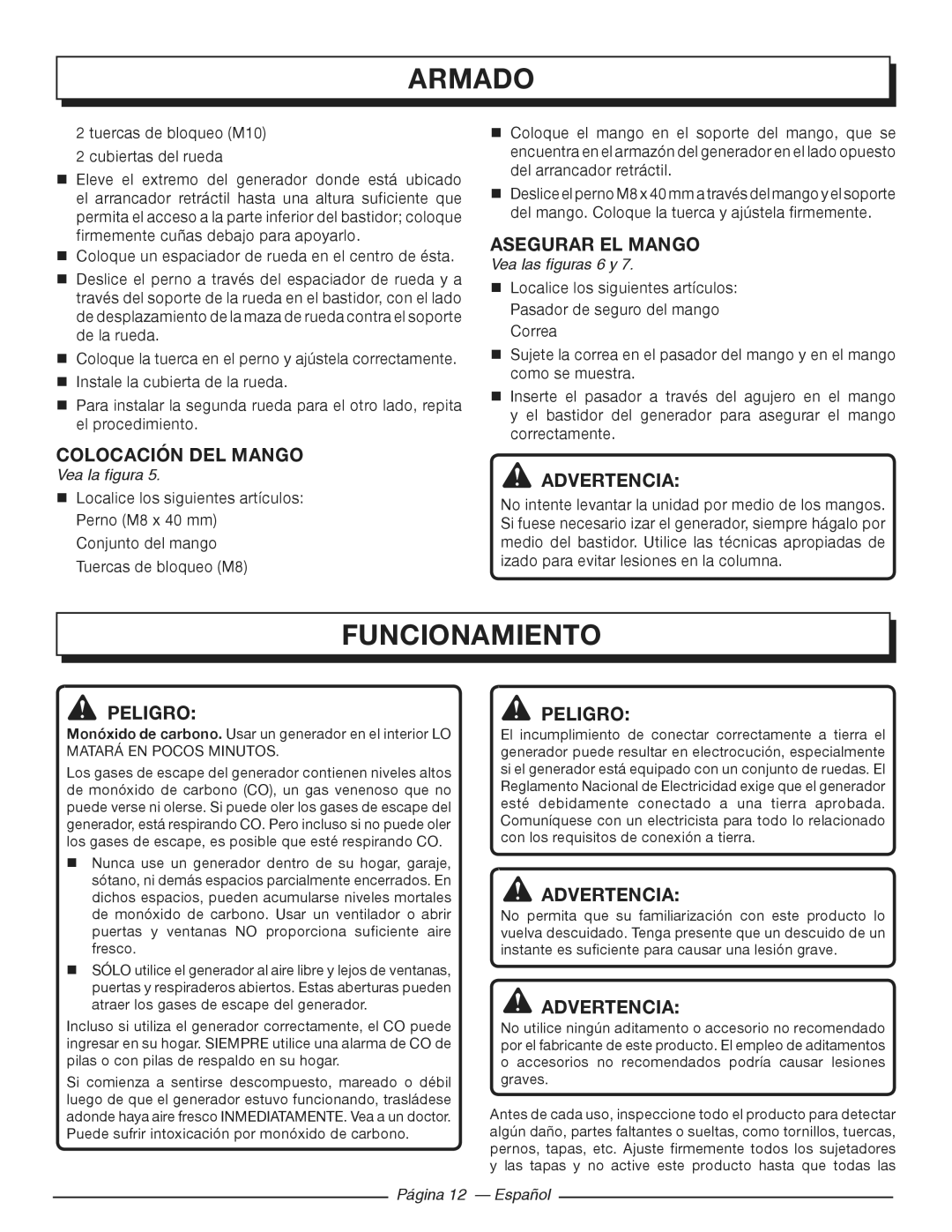 Homelite HGCA3000 Funcionamiento, Colocación DEL Mango, Asegurar el mango, Vea las figuras 6 y, Página 12 Español 