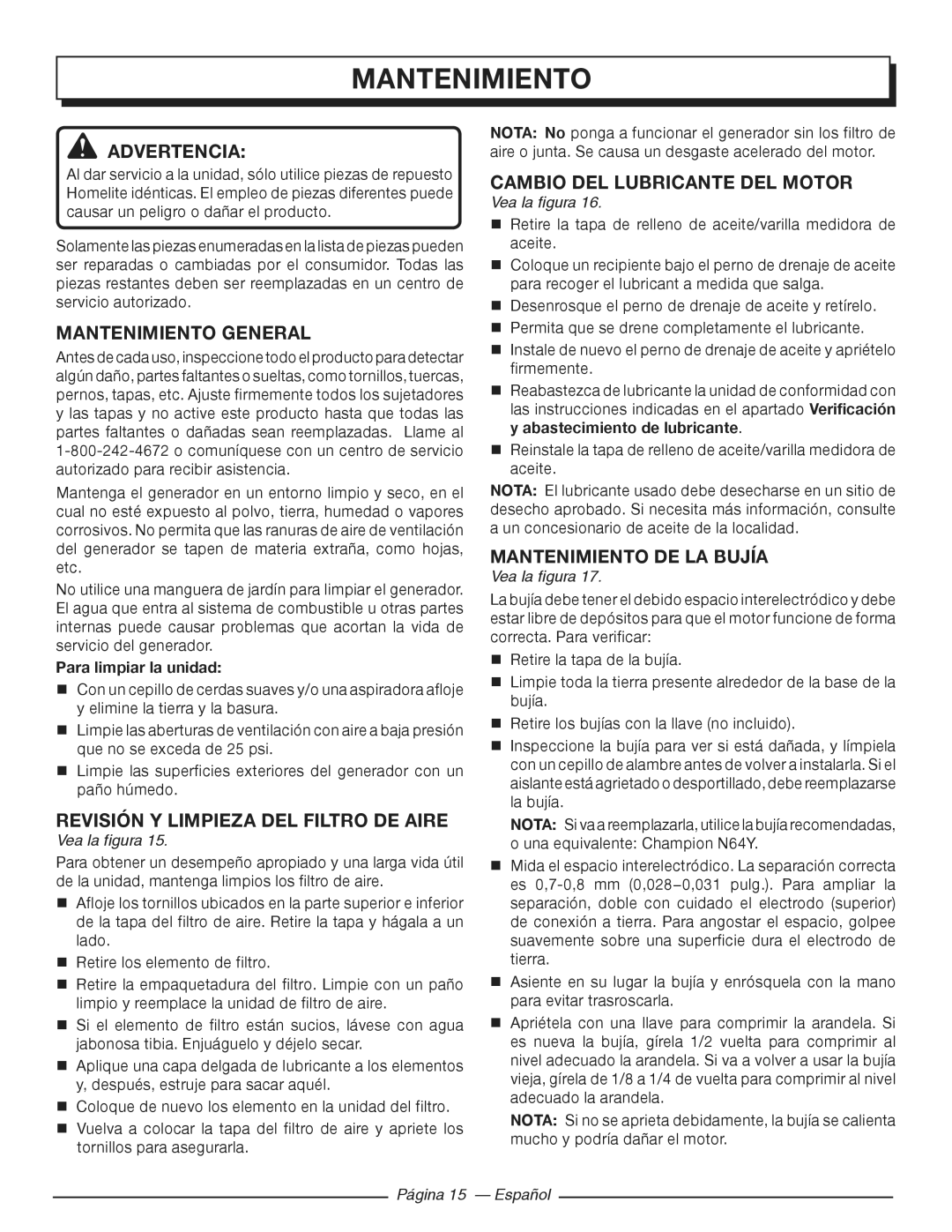 Homelite HGCA3000 Mantenimiento General, Revisión y limpieza del filtro de aire, Cambio del lubricante del motor 