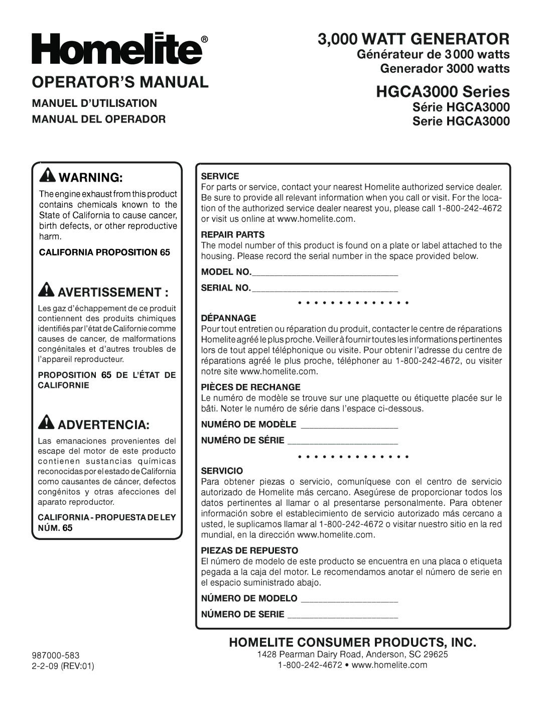 Homelite HGCA3000 manuel dutilisation OPERATOR’S Manual, Manuel D’UTILISATION, Manual DEL Operador 