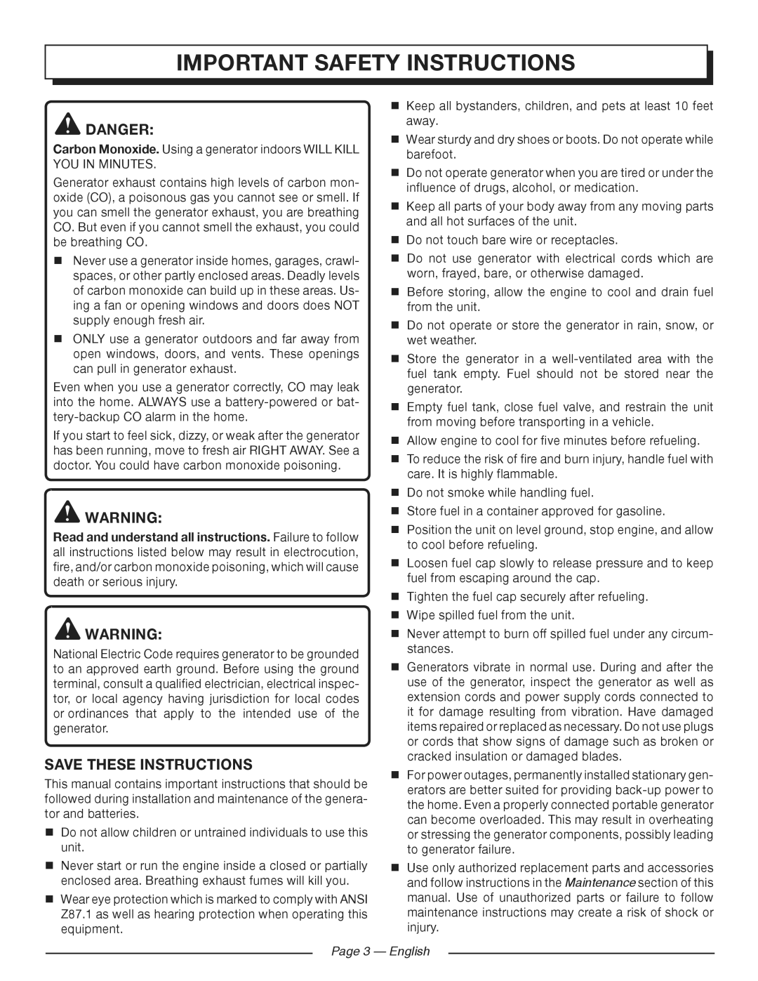 Homelite HGCA3000 manuel dutilisation Important safety instructions, English 