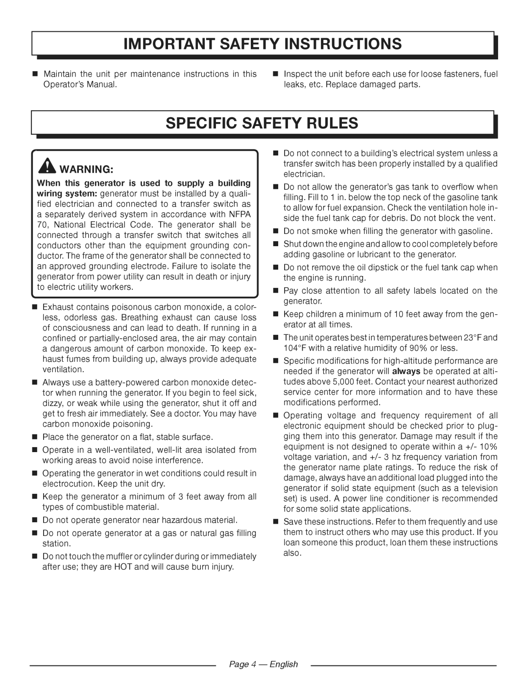 Homelite HGCA3000 manuel dutilisation Specific Safety Rules, English 