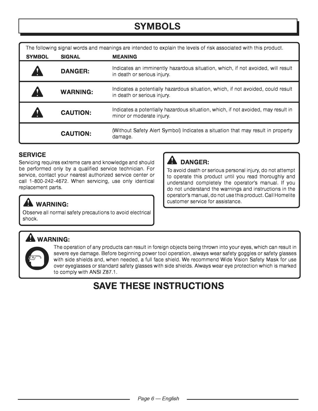 Homelite HGCA3000 Save These Instructions, Service, danger, Signal, Meaning, Page 6 - English, Symbols, Danger 