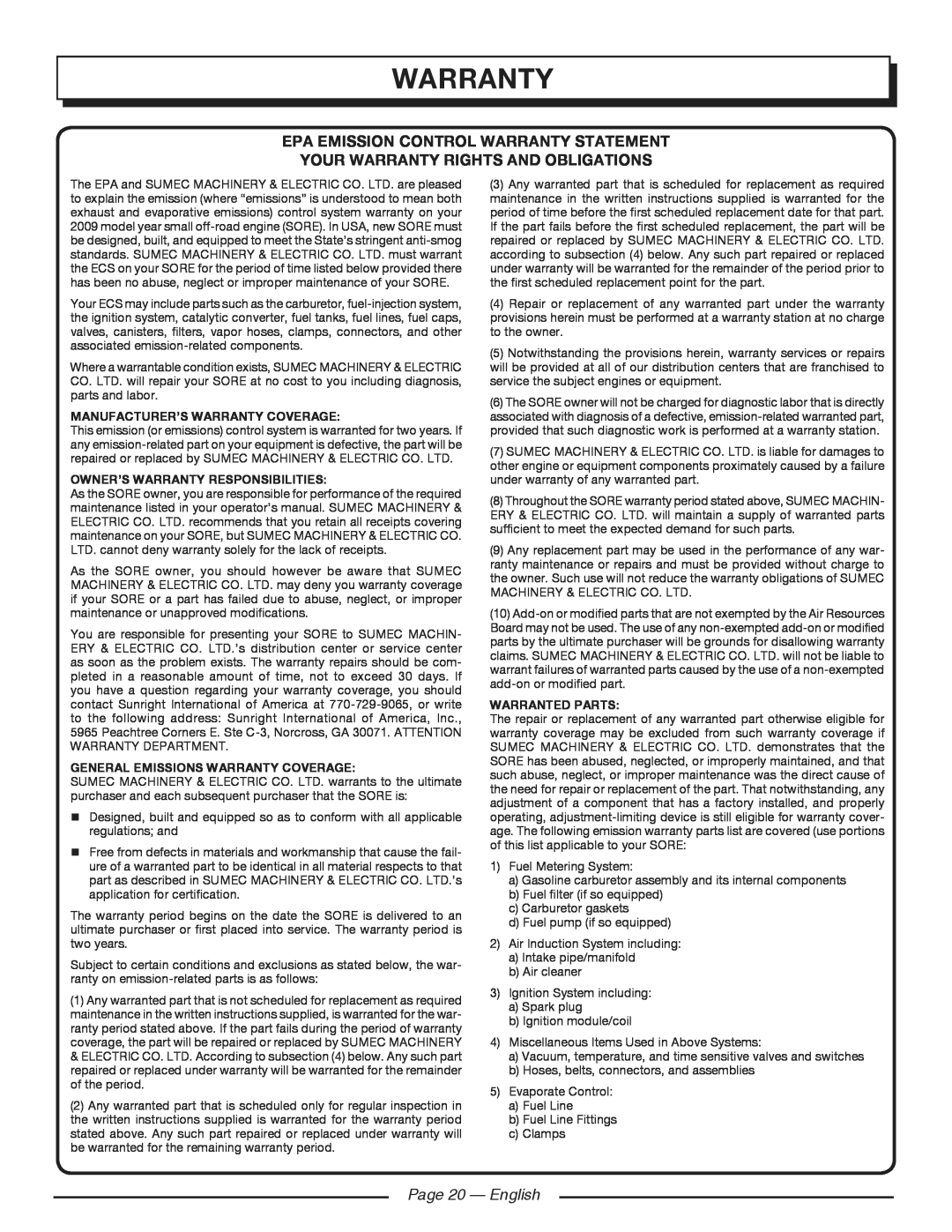 Homelite HGCA3000 Epa Emission Control Warranty Statement, Your Warranty Rights And Obligations, Page 20 - English 