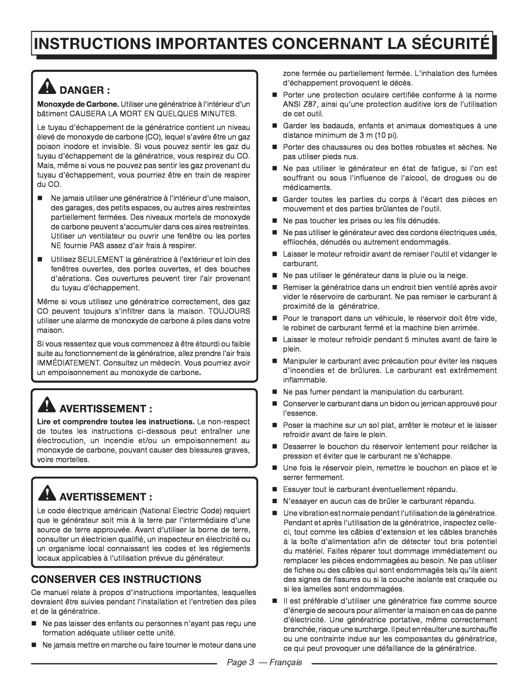 Homelite HGCA3000 Instructions Importantes Concernant La Sécurité, Avertissement, Conserver Ces Instructions, Danger 